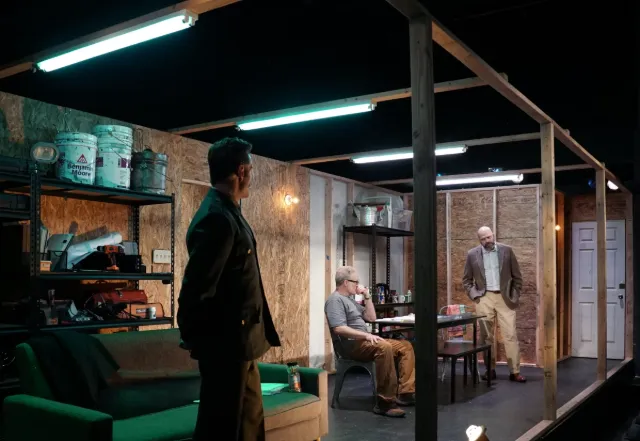 Glenn Seven Allen as The General, Marc Kudisch as Rock and Justin Lee Miller as Dr. Merritt in L.B. Browne’s “Safe House”. 