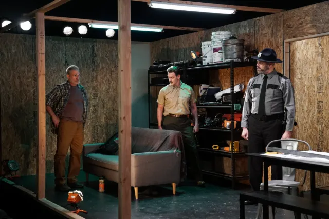 Marc Kudisch as Rock, Glenn Seven Allen as The General and Justin Lee Miller as Officer Moxley in L.B. Browne’s “Safe House”.